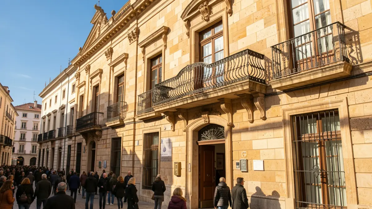 Generic image of a town hall facade with an iron balcony, under warm afternoon sunlight.