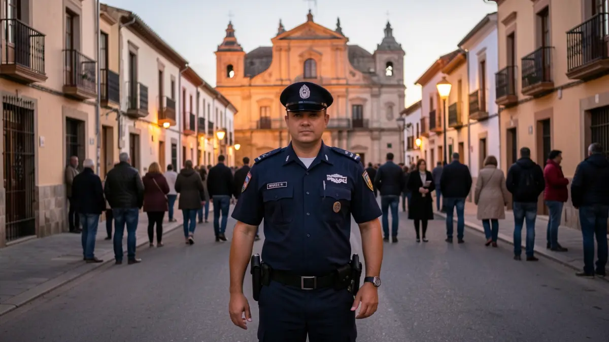 Generic image of a local police officer on a street in a municipality at dusk, with the town hall building in the background.