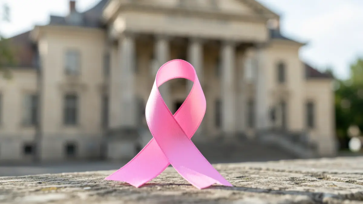Imagen genérica de un lazo rosa de concienciación sobre el cáncer de mama sobre una superficie de piedra, con el edificio del ayuntamiento desenfocado al fondo.