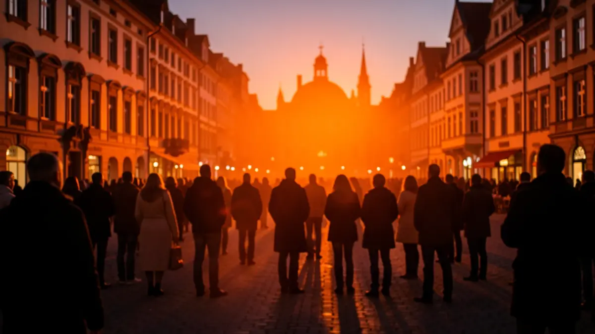 Imagen genérica de una plaza iluminada de naranja al atardecer, con siluetas de personas y edificios al fondo.