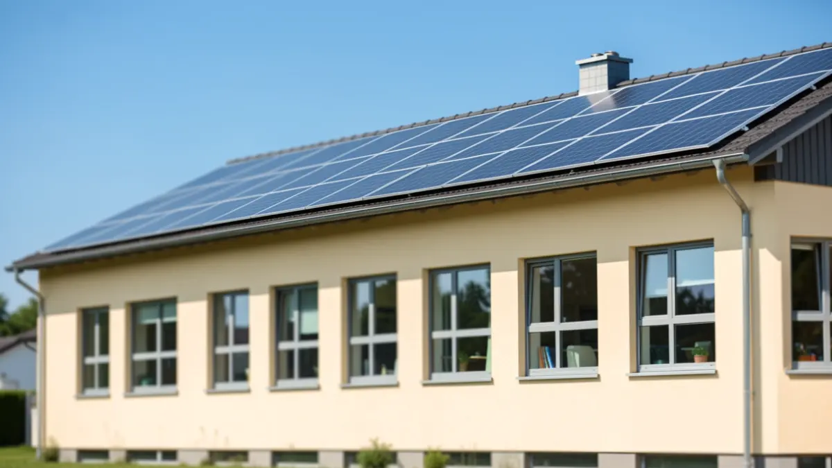 Generic image of a school building facade with solar panels on the roof and modern windows.