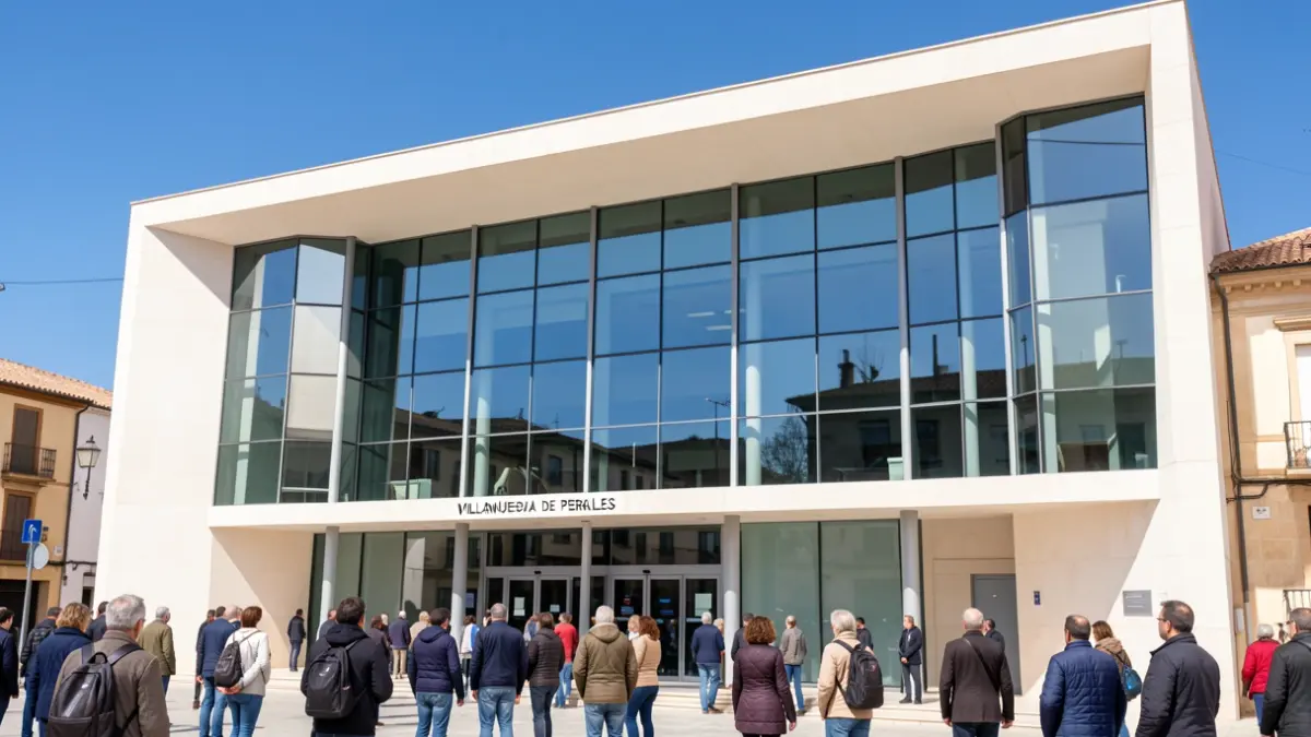 Facade of the Villanueva de Perales Town Hall, a modern building symbolizing municipal digitalization.