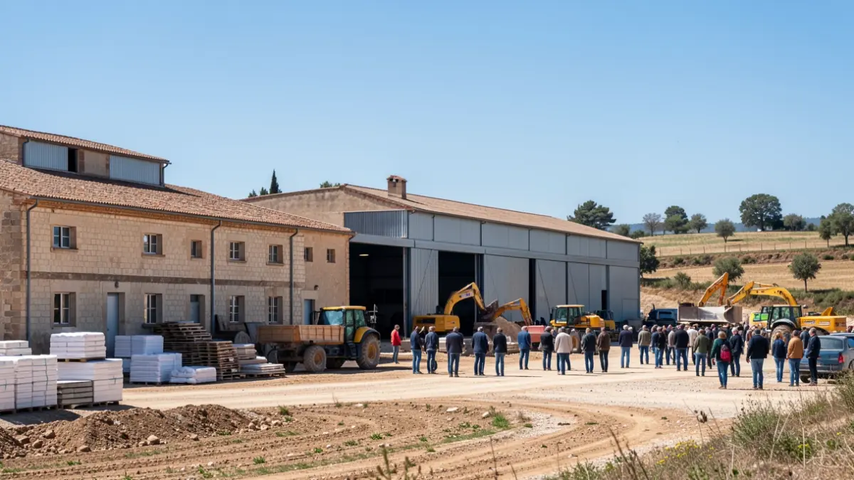 Imagen genérica de una obra en construcción de una nave municipal en un entorno rural.