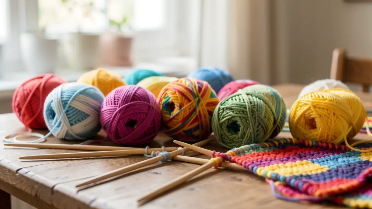 Generic image of colorful crochet yarn balls and knitting needles on a wooden table.