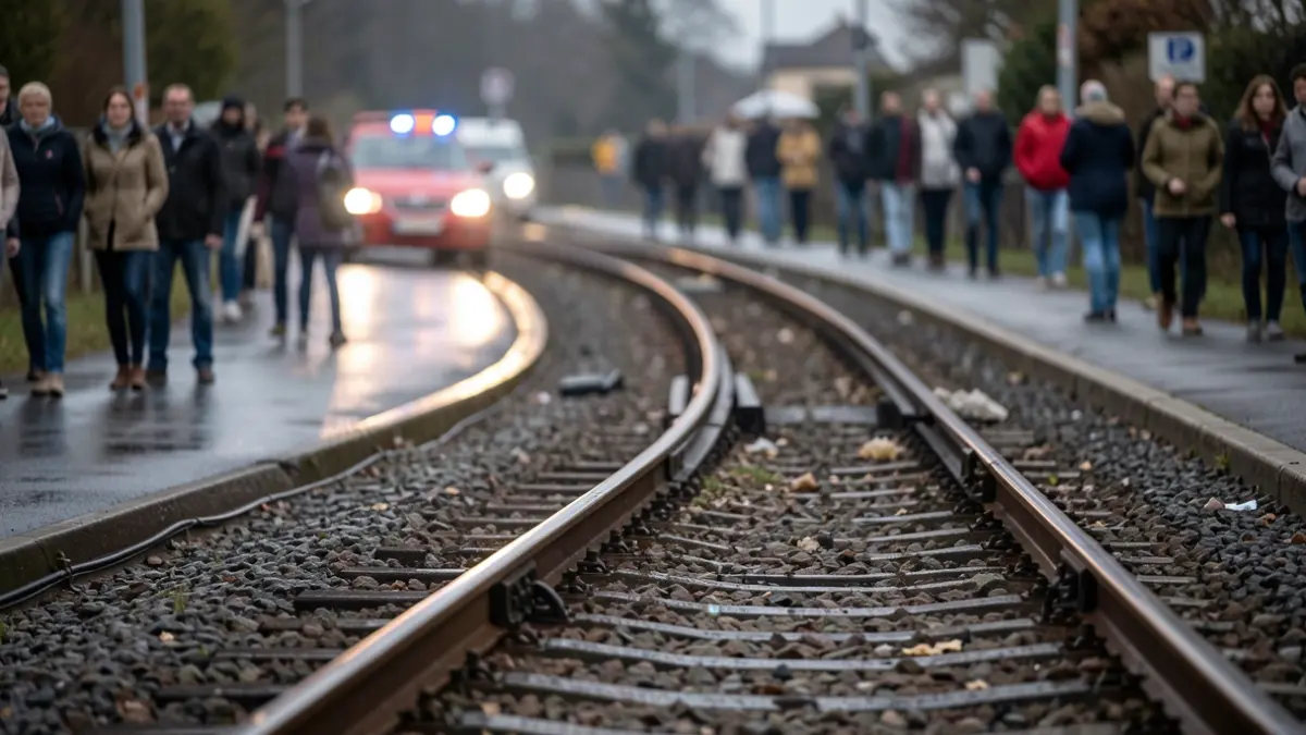 Generic image of a railway track curving into the distance, with blurred emergency lights reflecting on wet asphalt.