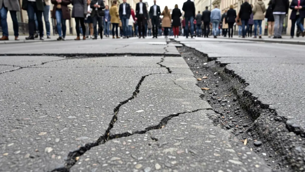 Generic image of an asphalt texture with cracks and seams, representing road repair work.