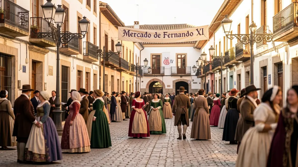 Imagen genérica de una plaza histórica española con ambiente festivo y personajes de época.