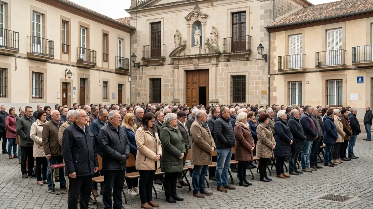 Generic image of a crowd in a town square observing a minute of silence in front of an institutional building.