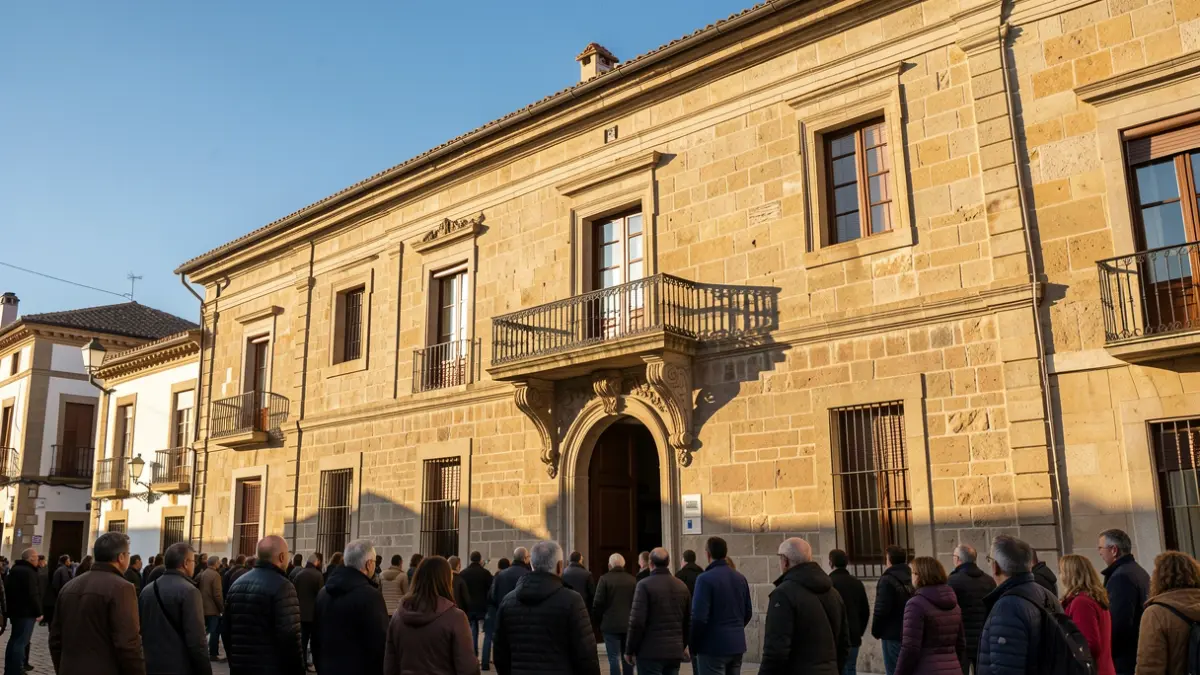 Imagen genérica de la fachada de un ayuntamiento de estilo tradicional español con balcón y barandillas de hierro, bajo la luz del sol de la tarde.
