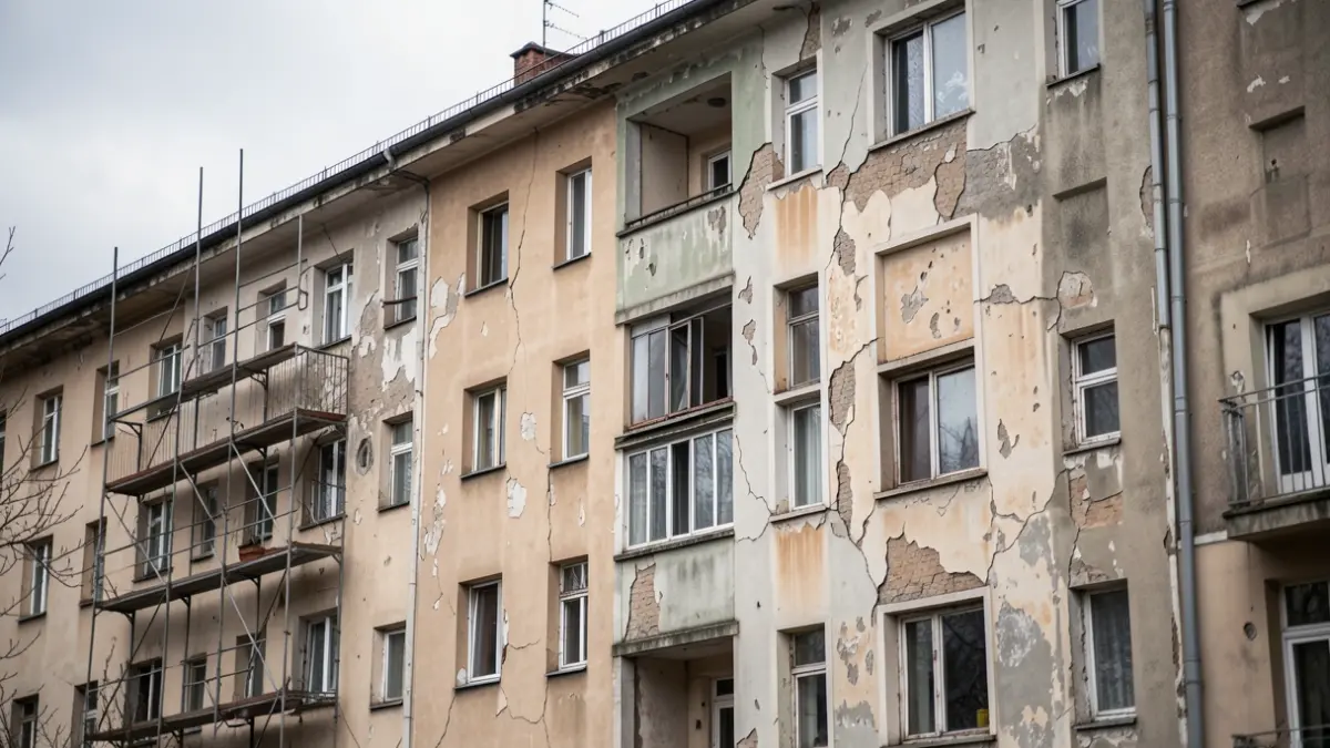 Imagen genérica de la fachada de un edificio residencial antiguo con signos de deterioro y andamios.