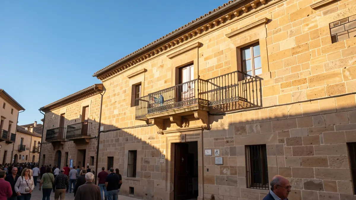 Facade of a stone town hall with a balcony and iron railings, afternoon light.