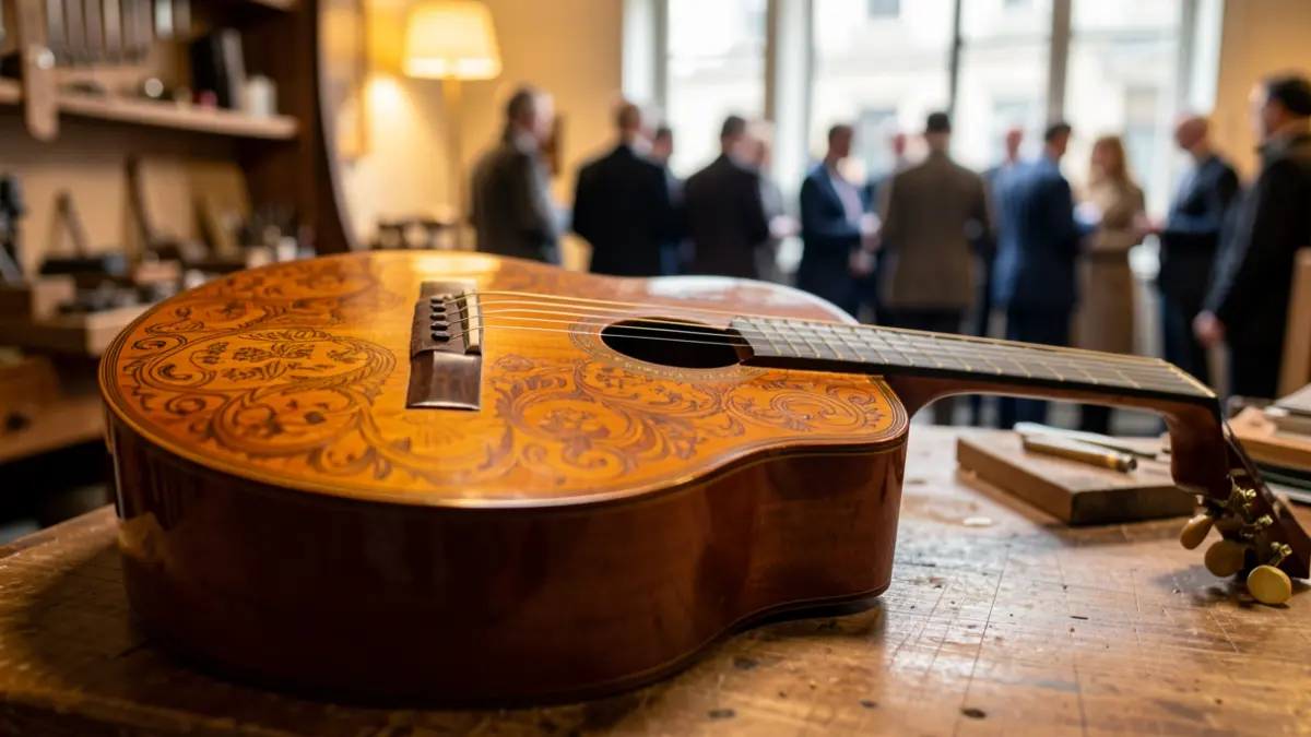 Close-up of a handcrafted Spanish guitar.